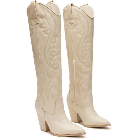 Women's White Embroidered Wide Calf Chunky Knee High Heels Western Boots - Picture 5 of 7